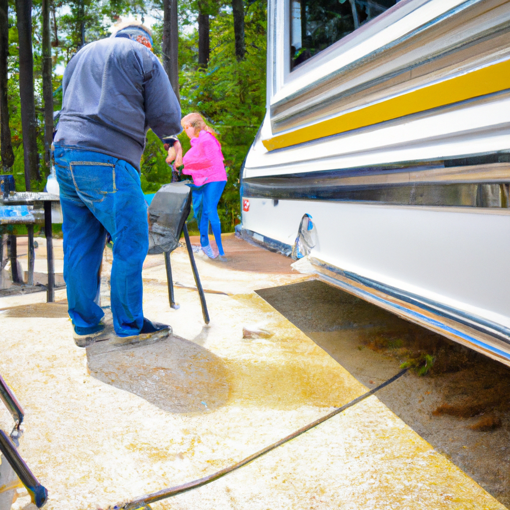 A mobile detailing team working on an RV at a campground, surrounded by nature.