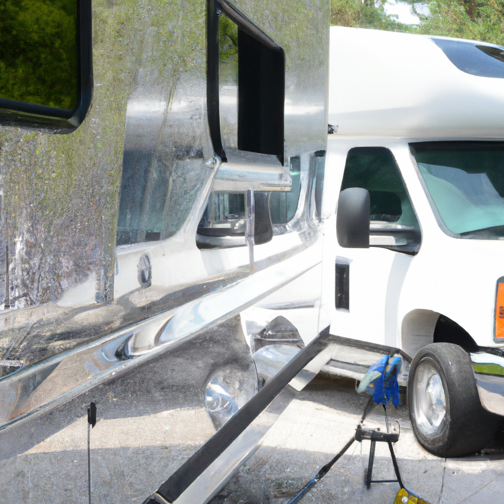 A mobile detailing van parked at a picturesque campground, with technicians cleaning and polishing an RV.