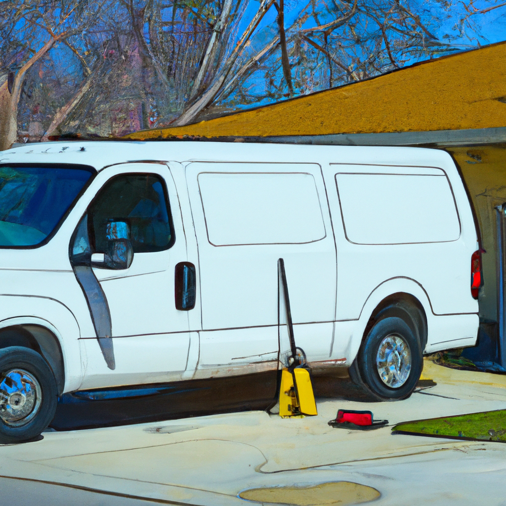A mobile detailing van parked outside a house, ready to clean an RV.