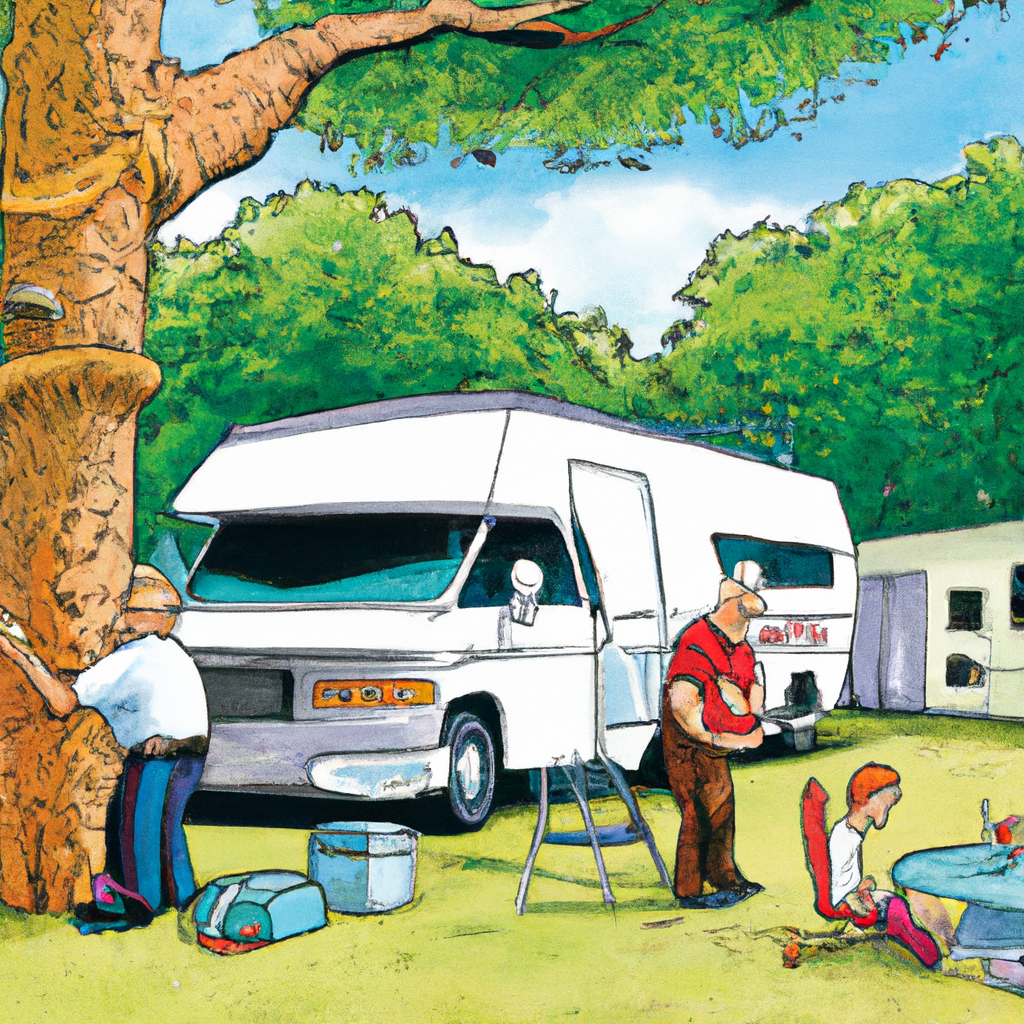 A mobile detailing van parked outside a picturesque campground, with professionals cleaning an RV under a shady tree.