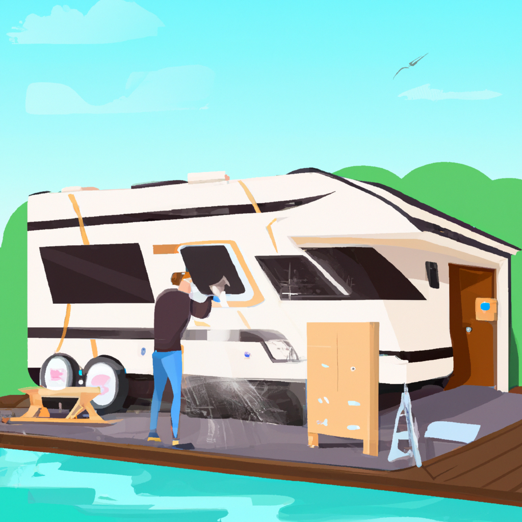 A professional detailer meticulously cleans an RV parked in a picturesque location.