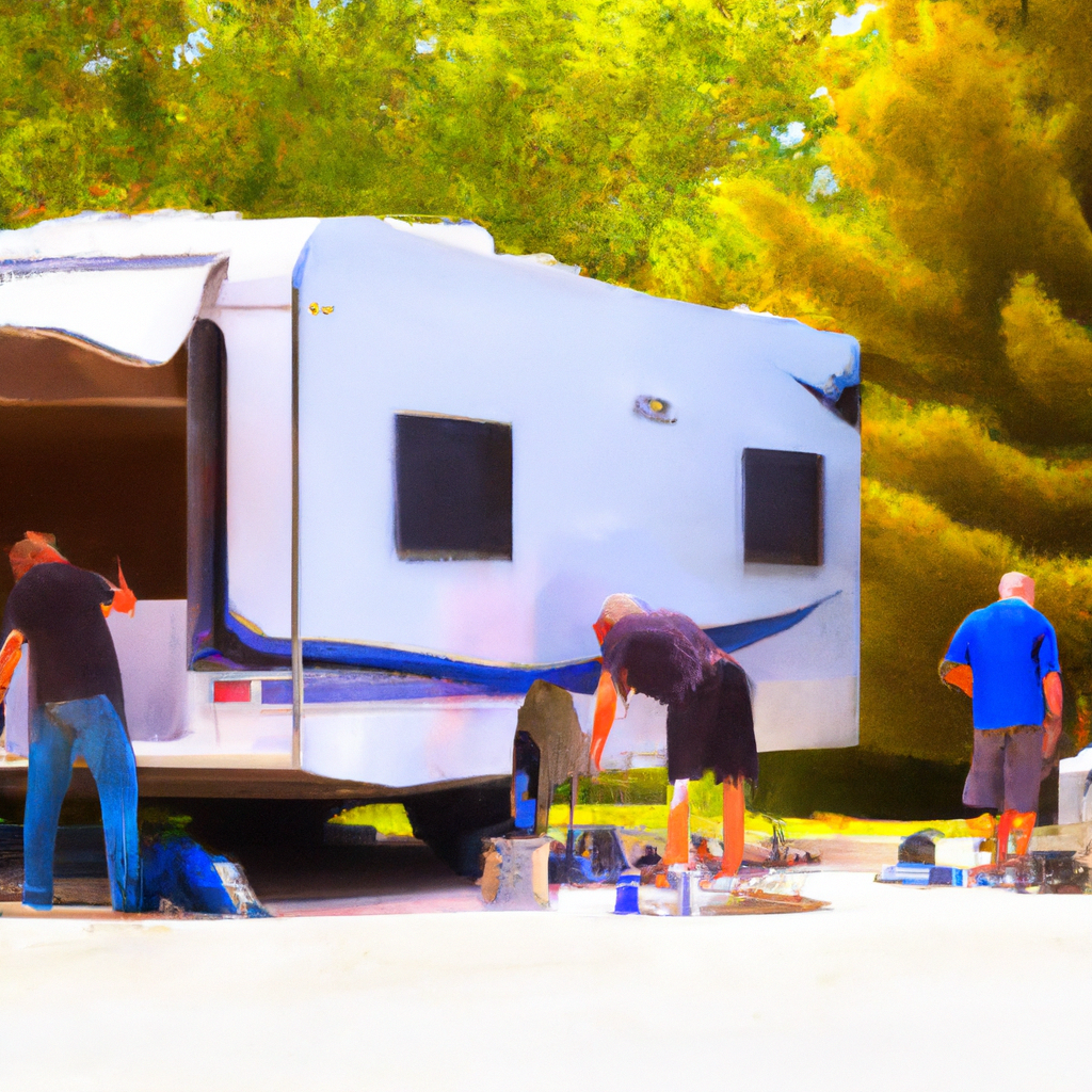 A professional detailing team working on a gleaming RV exterior, surrounded by a picturesque campground.