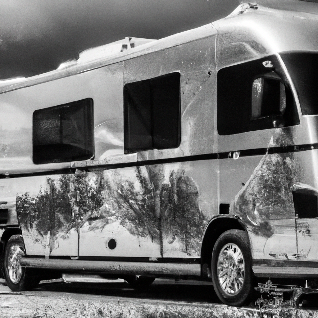 A shiny RV protected from environmental elements.