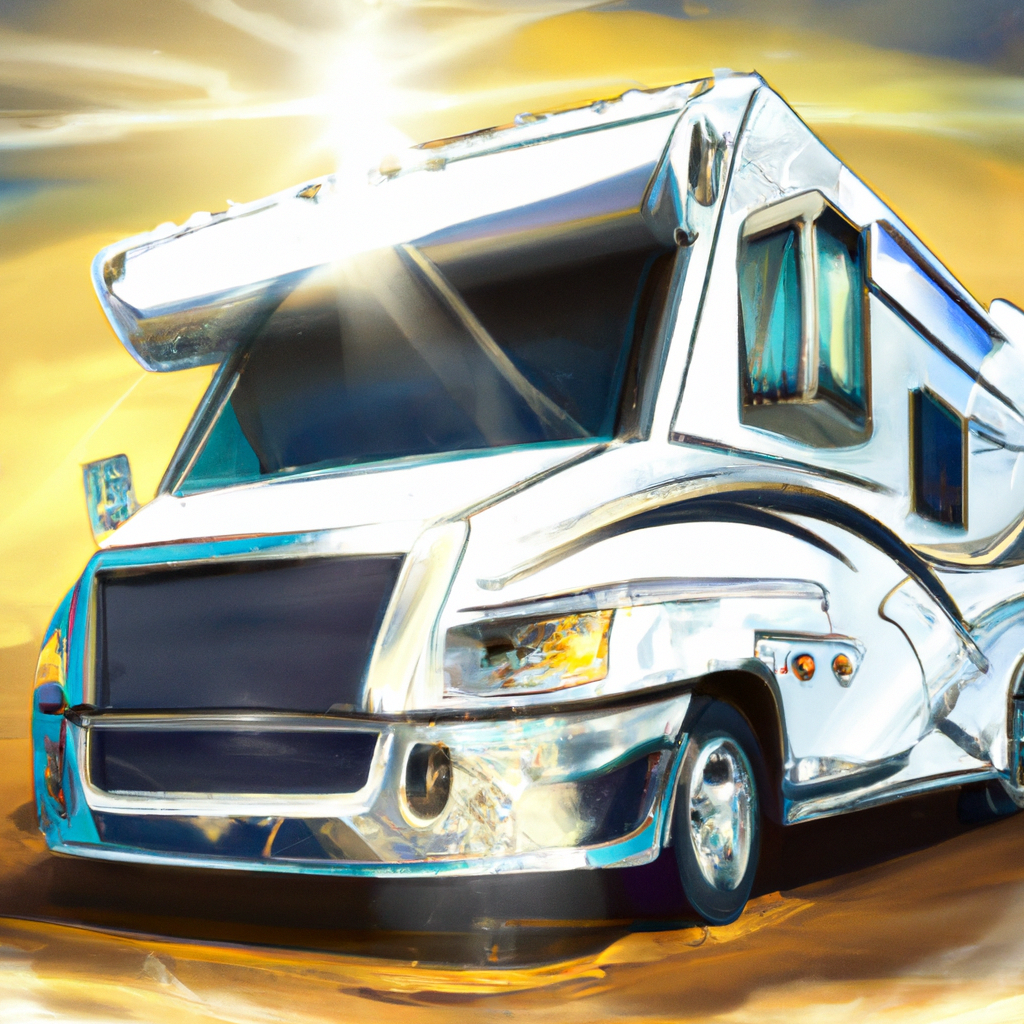 A sparkling RV gleaming in the sun.