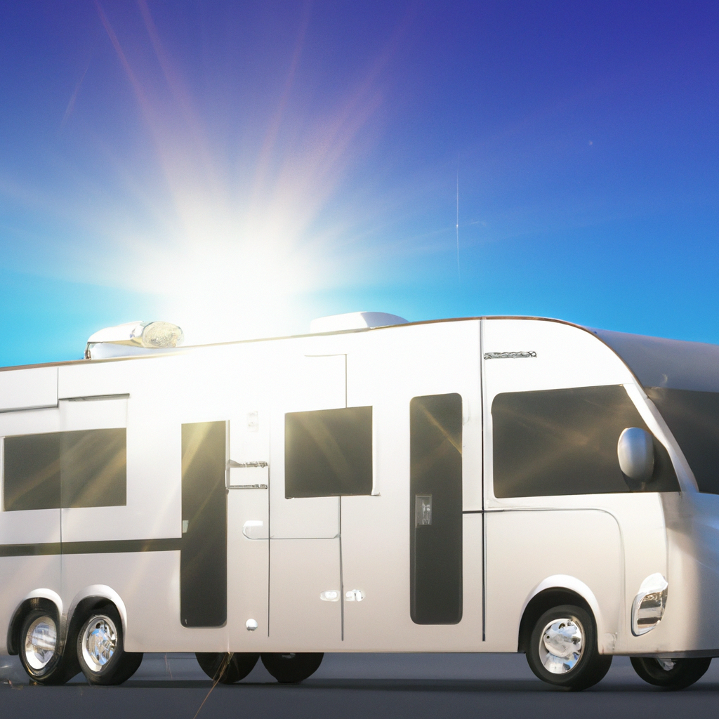 A sparkling RV gleaming under the sun.
