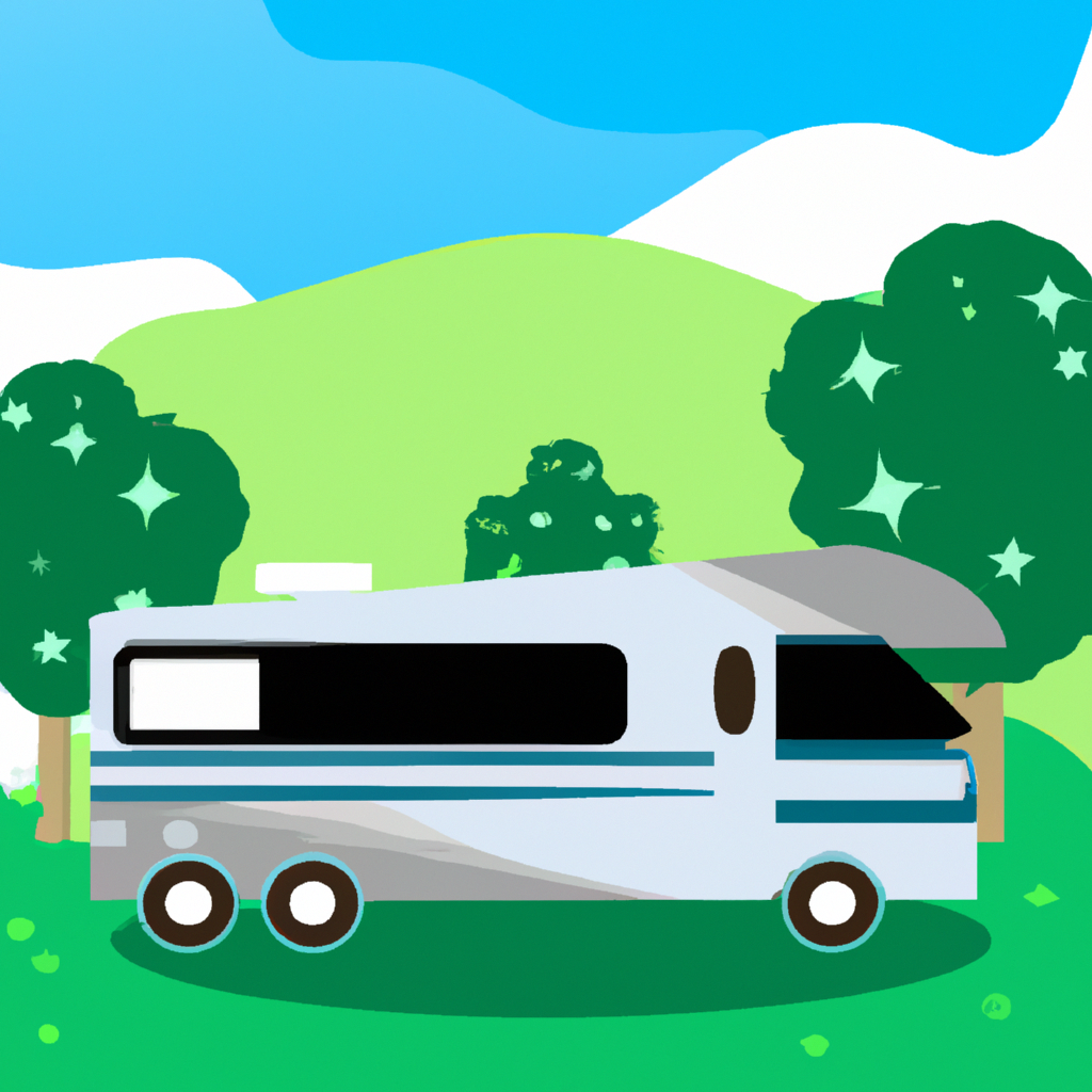 A sparkling RV surrounded by lush scenery.