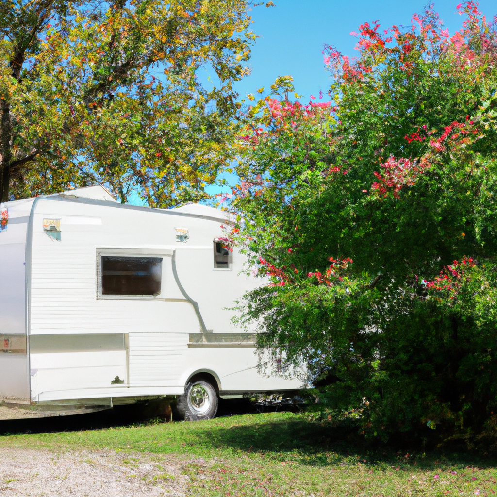 A sparkling, well-maintained RV surrounded by lush greenery.