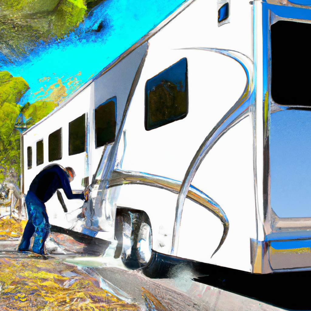 An image of a luxurious, shiny RV with a professional detailer cleaning its exterior, surrounded by nature.