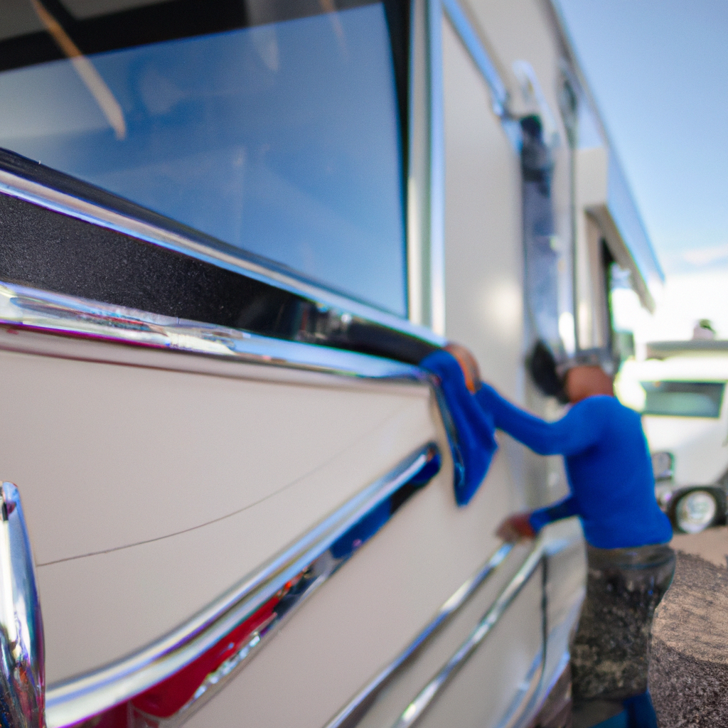 An image of a mobile detailing van parked in front of a luxurious RV, with a technician cleaning the exterior, showcasing the convenience and professional service of RV mobile detailing.