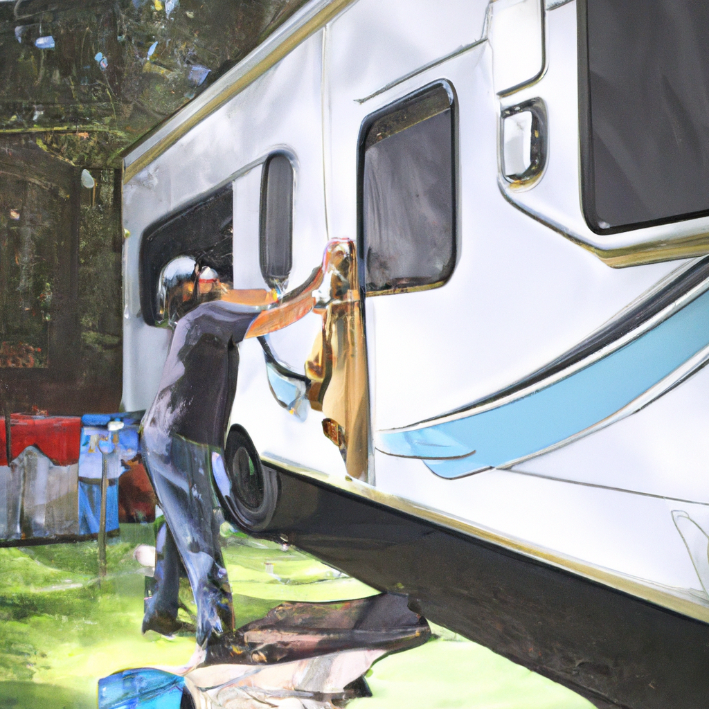 An image of a professional detailer cleaning an RV at a campground, surrounded by nature and a happy RV owner.