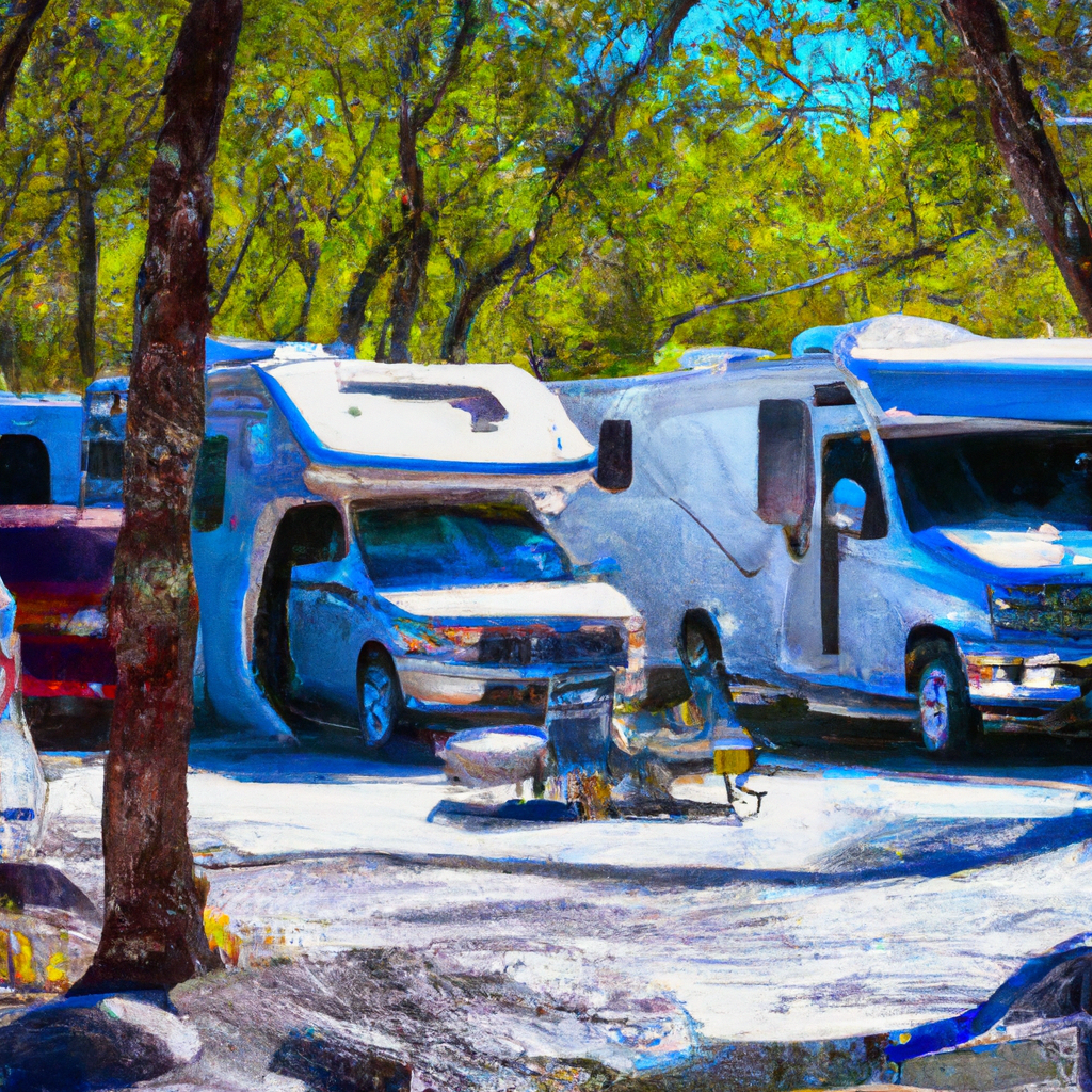 A mobile detailing van parked at a picturesque campground, surrounded by RVs being meticulously cleaned and polished.