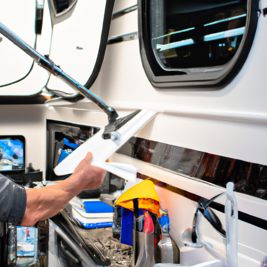 A professional detailer working on a sparkling RV, surrounded by cleaning supplies and tools.