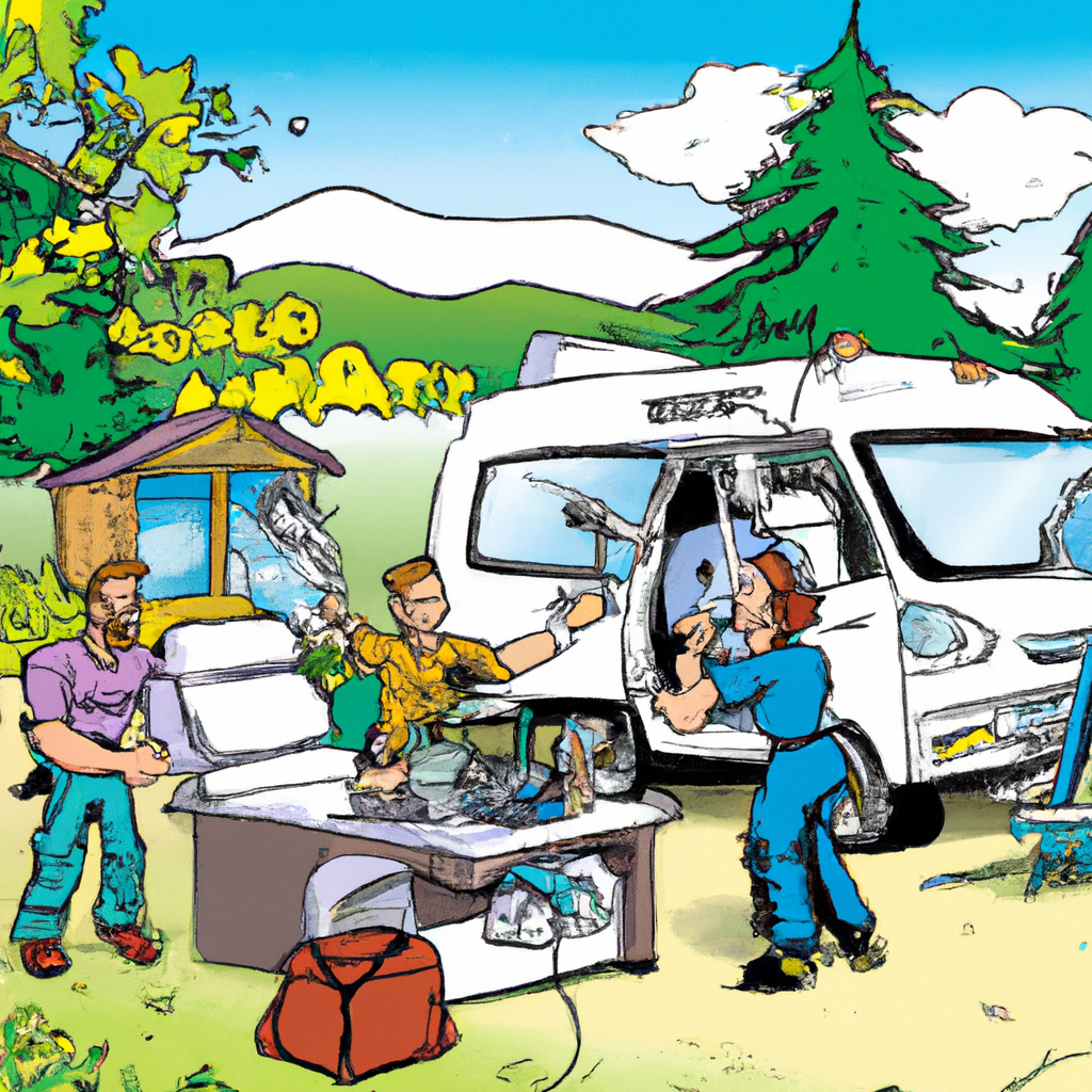 A professional detailing van parked outside a picturesque campsite, with a team of skilled workers using specialized equipment to clean and detail an RV.
