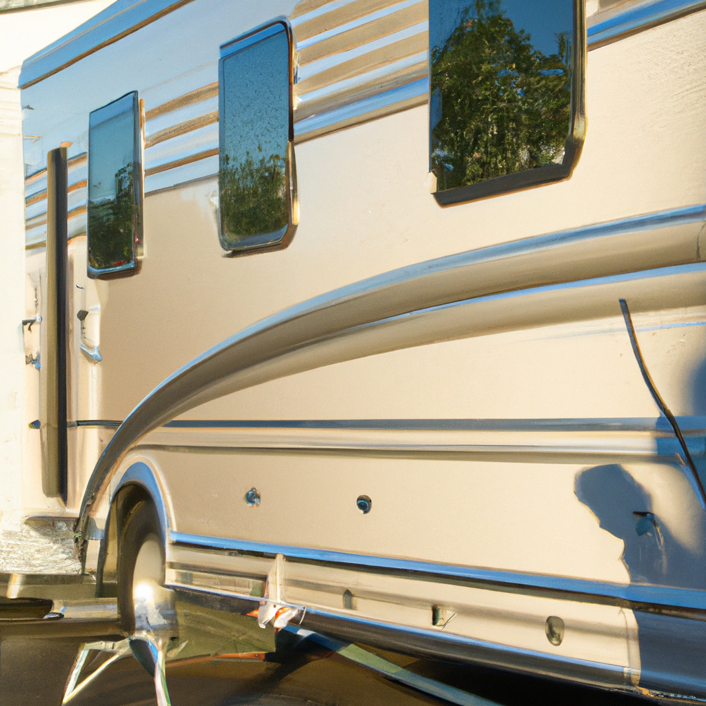 A shiny, well-maintained RV glistening under the sunlight with a professional detailer working on it.
