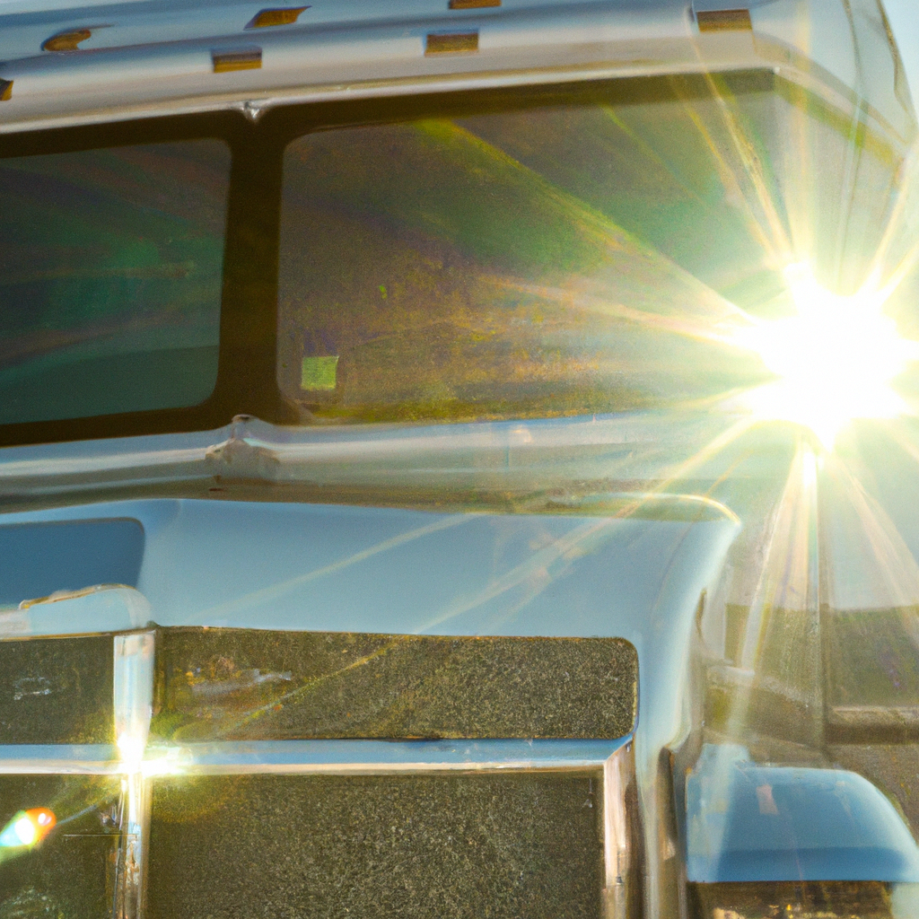 A sparkling RV gleaming in sunlight.