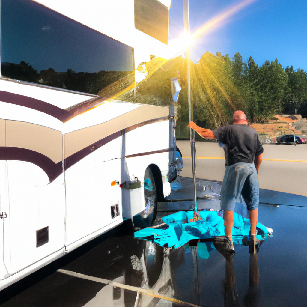 An image of a pristine RV being carefully washed and polished by a professional detailer, with the sun shining and a scenic background.