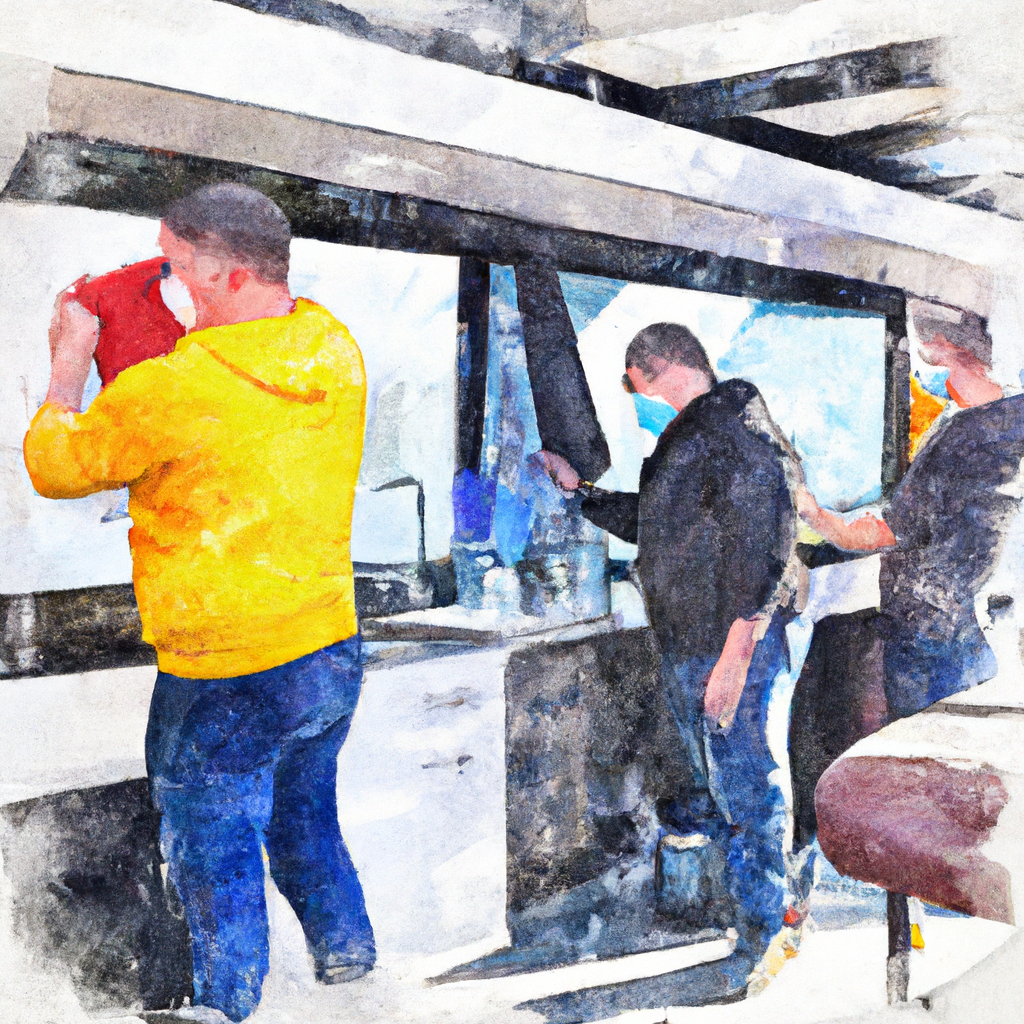 An image of a professional team of RV mobile detailers meticulously cleaning and polishing an RV's exterior and interior surfaces, showcasing their specialized tools and products.