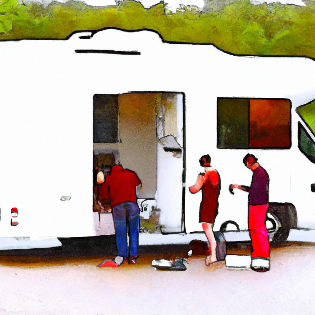 An image of a sparkling clean RV with a team of mobile detailing experts working on it at a scenic camping spot.
