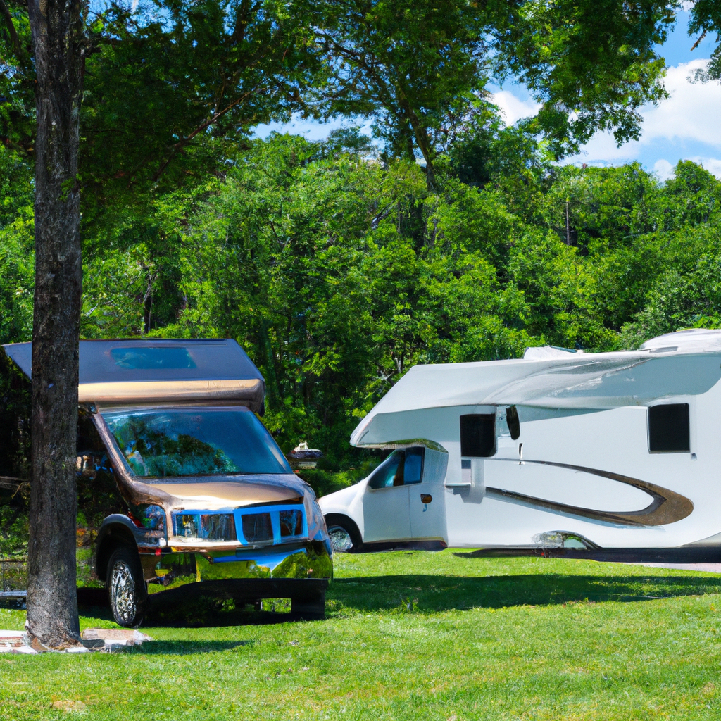 An RV parked at a beautiful campsite with a mobile detailing van next to it, showcasing the convenience and benefits of RV mobile detailing.